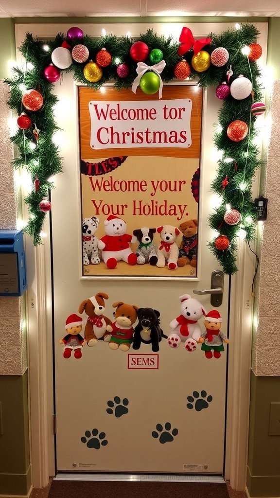 Veterinary-Themed Christmas Door Decorating Contest A Christmas-decorated veterinary clinic door with ornaments, lights, and stuffed animals.